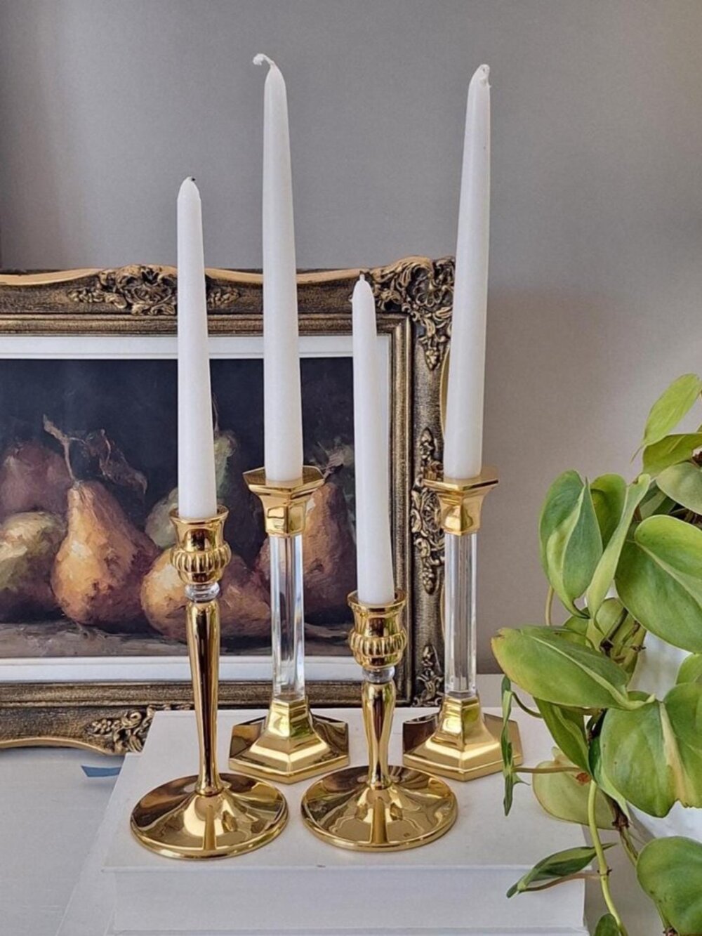 4 Vintage brass & lucite candlestick candle stick holder acrylic base partylite